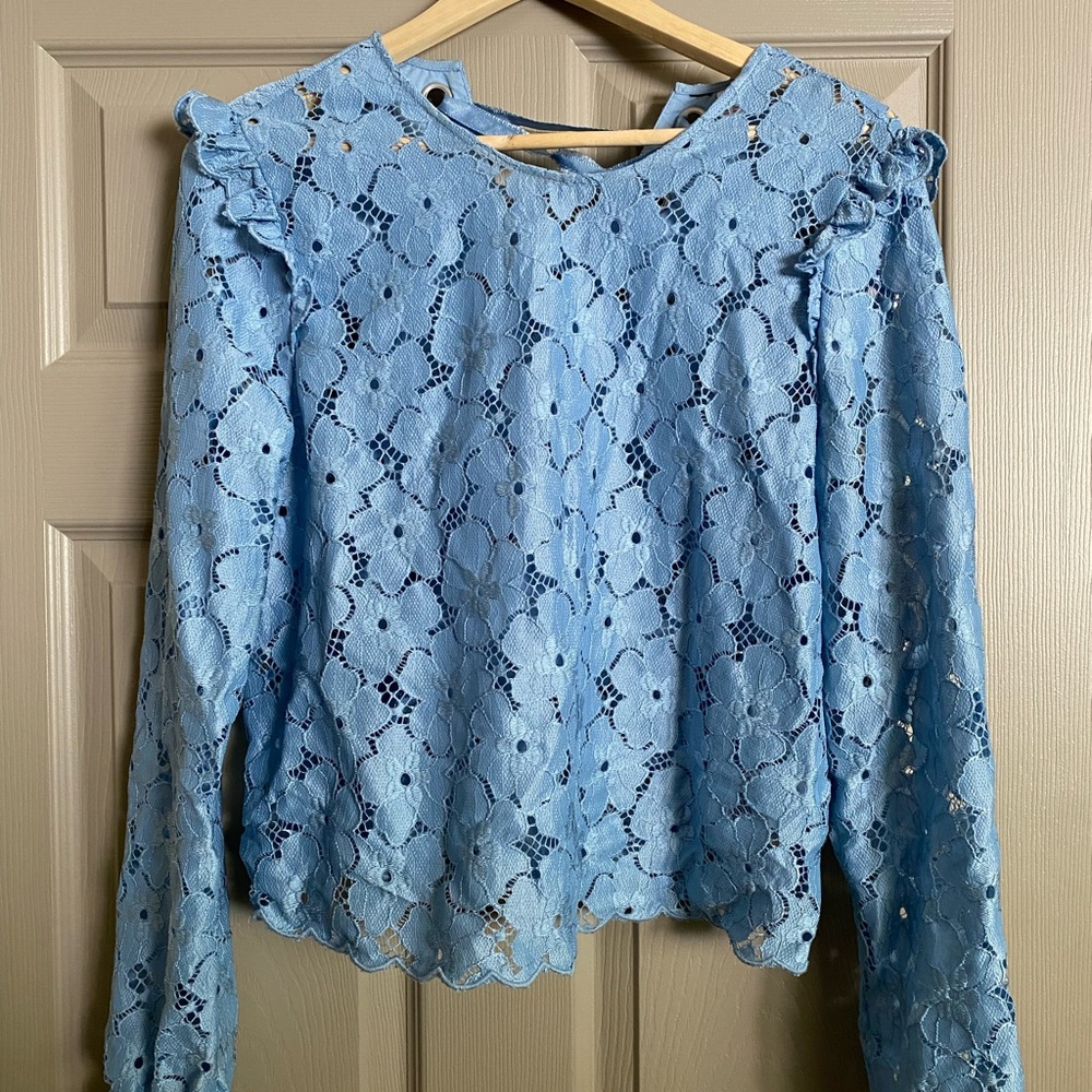 Blue Ruffled Long Sleeve Blouse with Bib Collar
